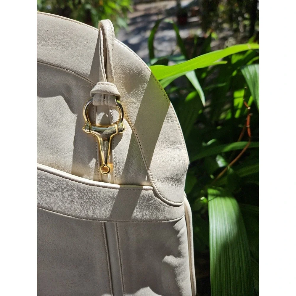 Lou Taylor Purse Italy Leather HORSE BIT Swivel Mirror Miami Vintage Cream Ivory